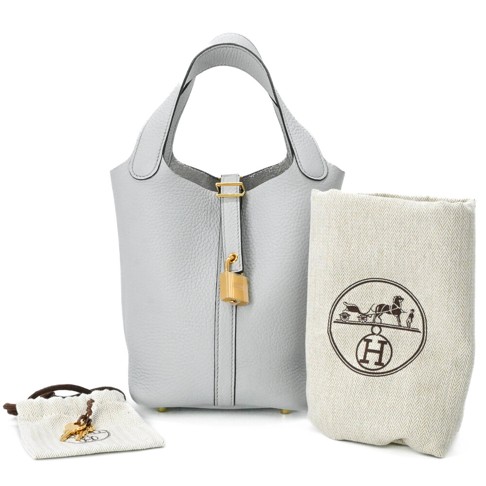 HERMES Picotin Lock PM Handbag, Taurillon Clemence Leather, Women's, Pale Blue